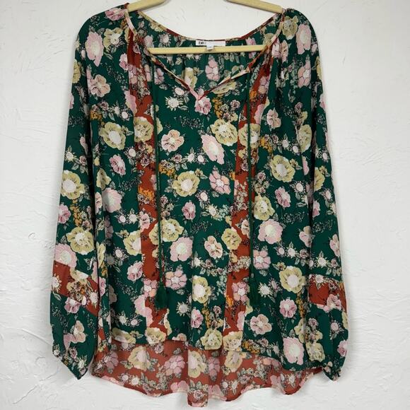 Daniel Rainn DR2 Mixed Floral Green Orange Pink Puff Sleeve Blouse Womens M Boho - Picture 1 of 12